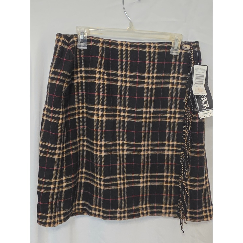 Skirt Sag Harbor Petite Wool Blend 16P NWT Plaid Fringe Wrap Black Tan Red